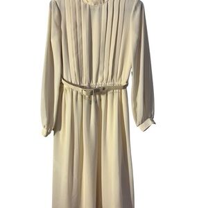 Neiman Marcus Cream Pleated Long Sleeve Dress